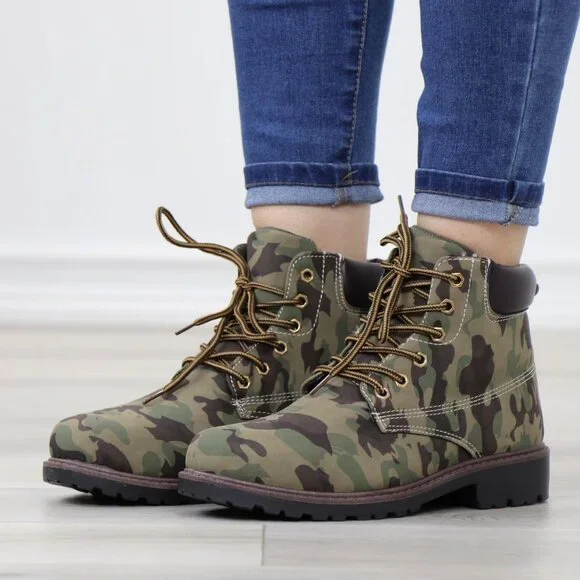 Women's Camouflage Combat Lace-up Ankle Boots Low Heel Casual Short Booties - Picture 12 of 15